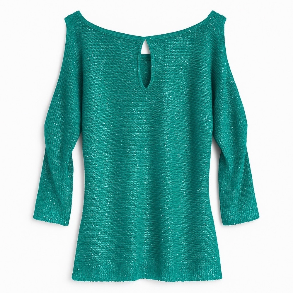 Boston Proper Aqua Sequin Cold Shoulder Summer Top Date Night Outfit Medium